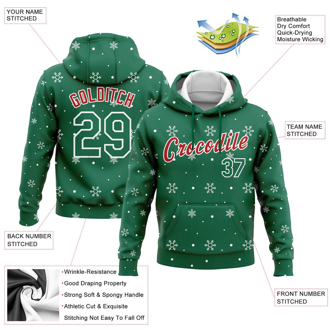 Custom Stitched Kelly Green Red-White Christmas 3D Sports Pullover Sweatshirt Hoodie