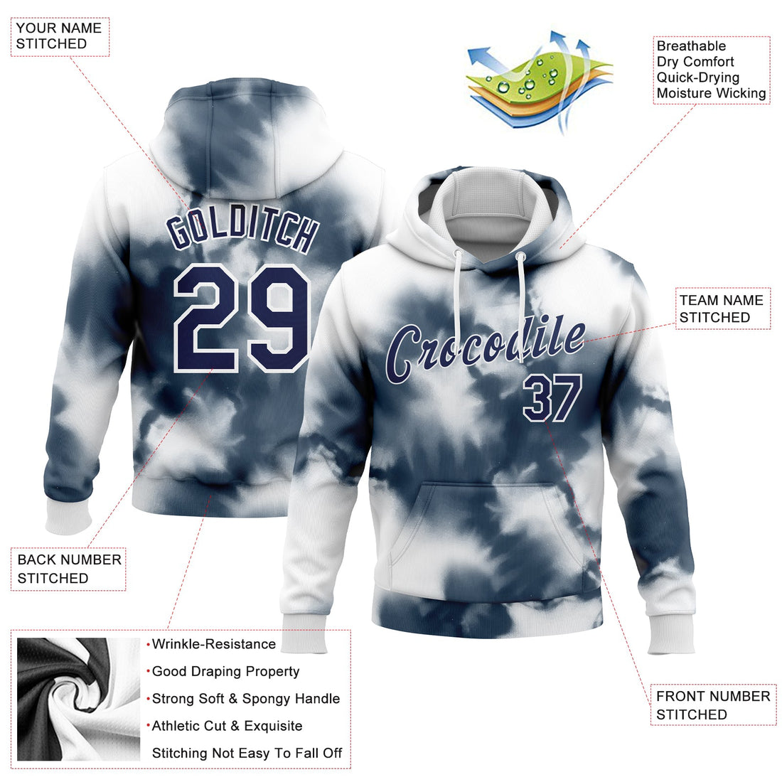 Custom Stitched Tie Dye Navy-White 3D Abstract Shibori Style Sports Pullover Sweatshirt Hoodie