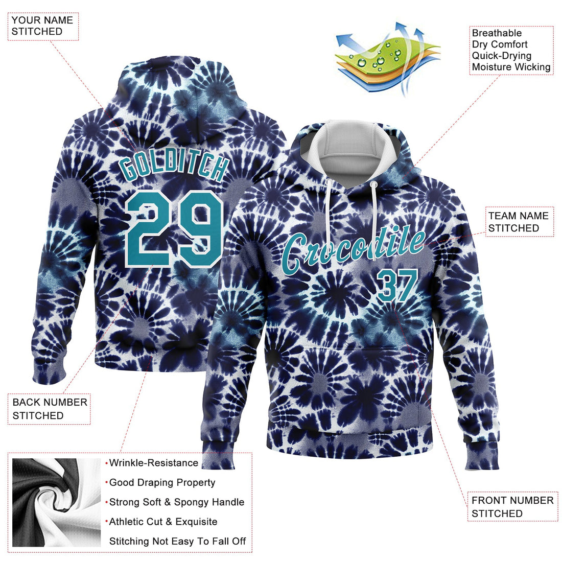 Custom Stitched Tie Dye Teal-White 3D Hippie Batik Sports Pullover Sweatshirt Hoodie