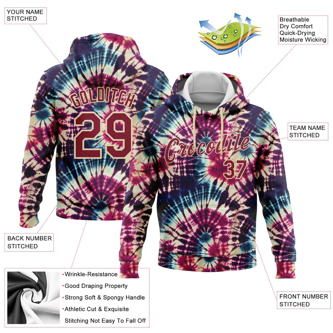 Custom Stitched Tie Dye Crimson-Cream 3D Hippie Batik Sports Pullover Sweatshirt Hoodie