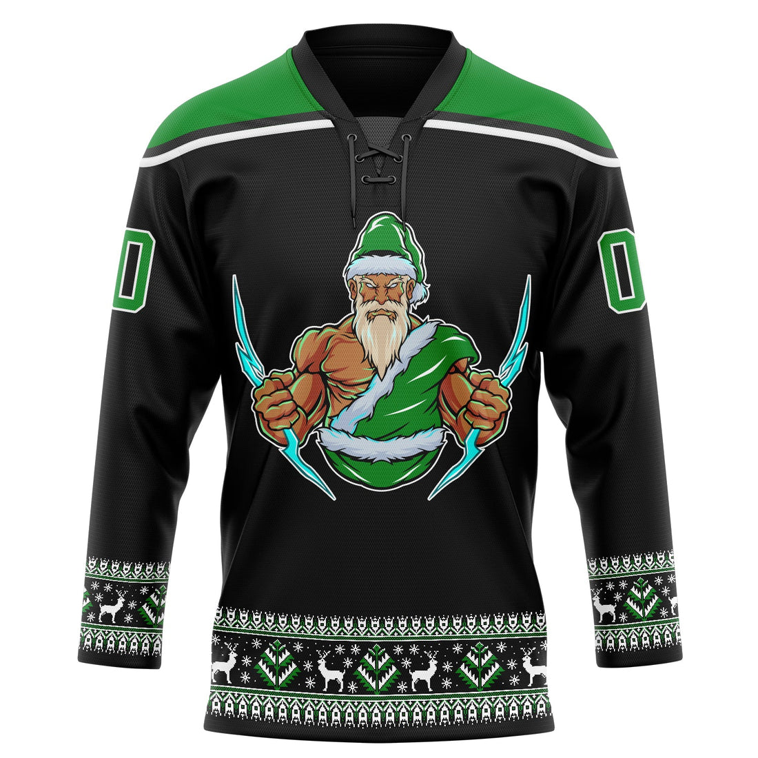 Custom Black Grass Green-White Christmas Santa Claus 3D Hockey Lace Neck Jersey