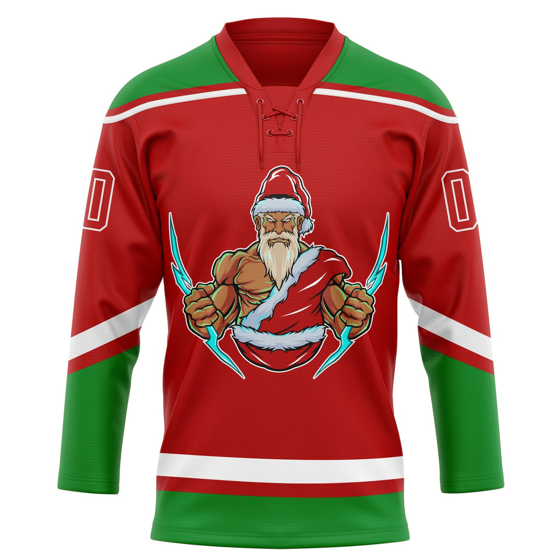 Custom Red Grass Green-White Christmas Santa Claus 3D Hockey Lace Neck Jersey