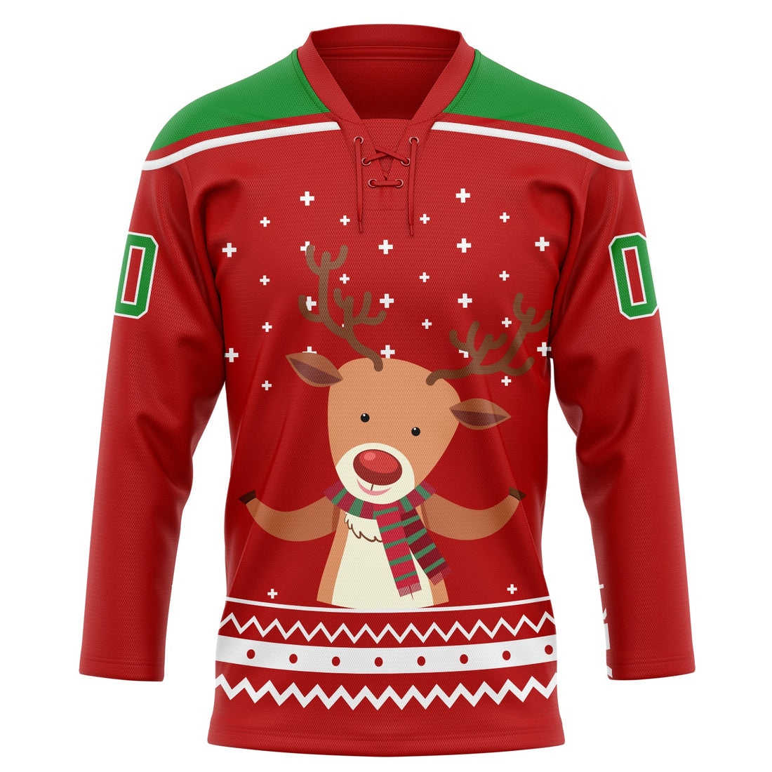 Custom Red Grass Green-White Christmas Reindeer 3D Hockey Lace Neck Jersey