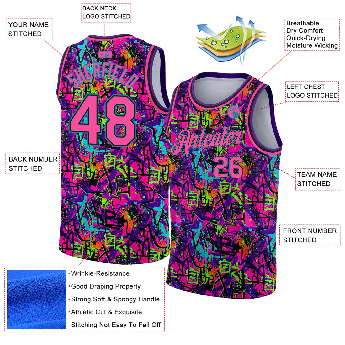 Custom Graffiti Pattern Pink Black-Lakes Blue 3D Grunge Art Authentic Basketball Jersey