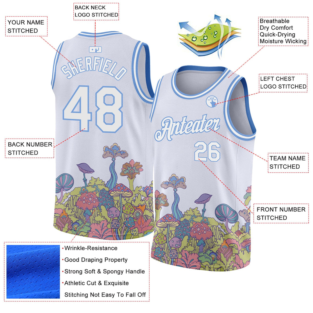 Custom White Light Blue 3D Pattern Design Colorful Flowers And Mushrooms Psychedelic Hallucination Authentic Basketball Jersey