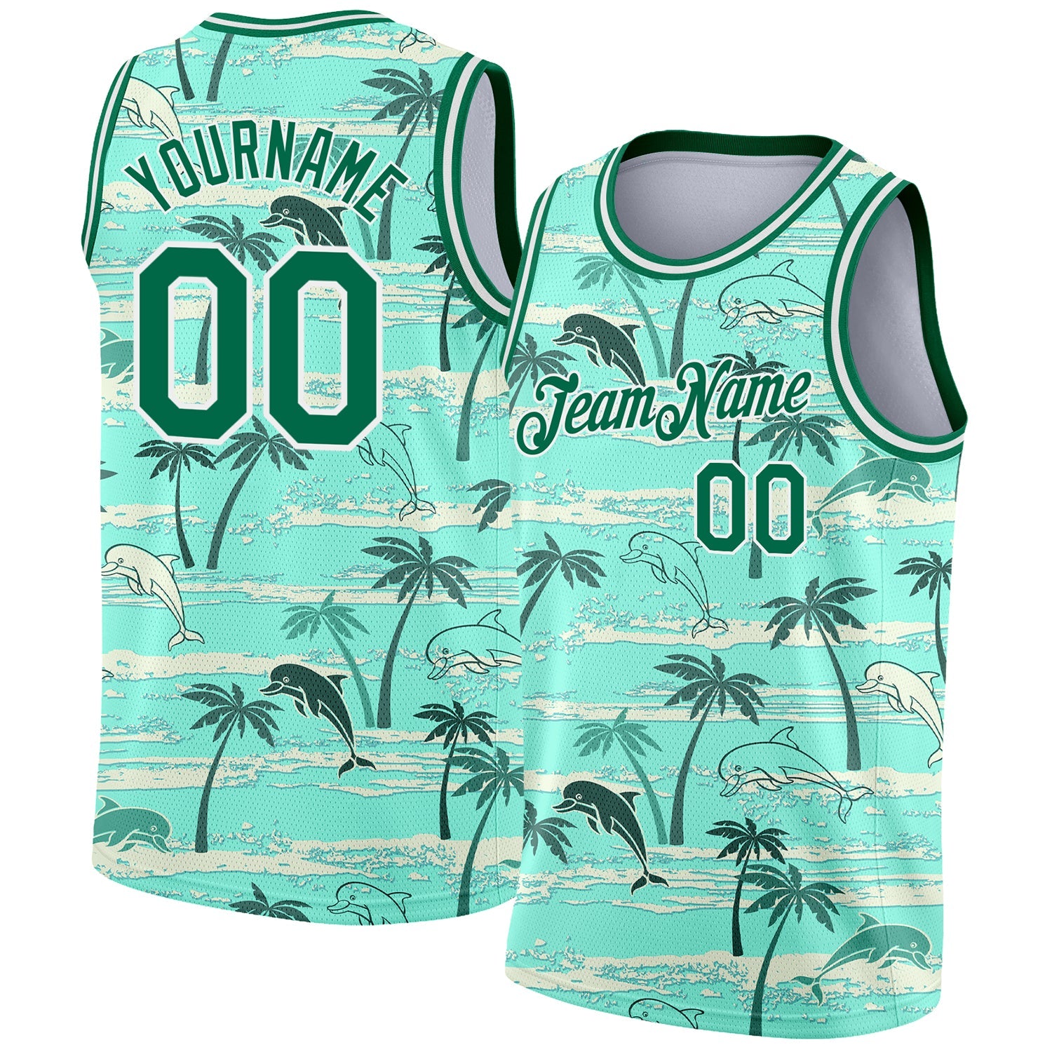 Custom Teal Kelly Green-White 3D Pattern Tropical Hawaii Palm Trees Authentic Basketball Jersey