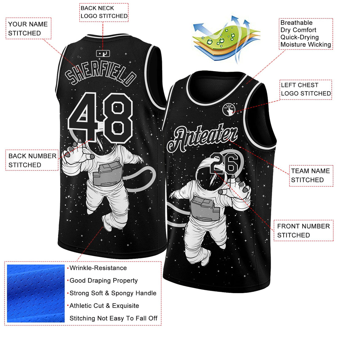 Custom Black White 3D Pattern Design Astronaut Authentic Basketball Jersey