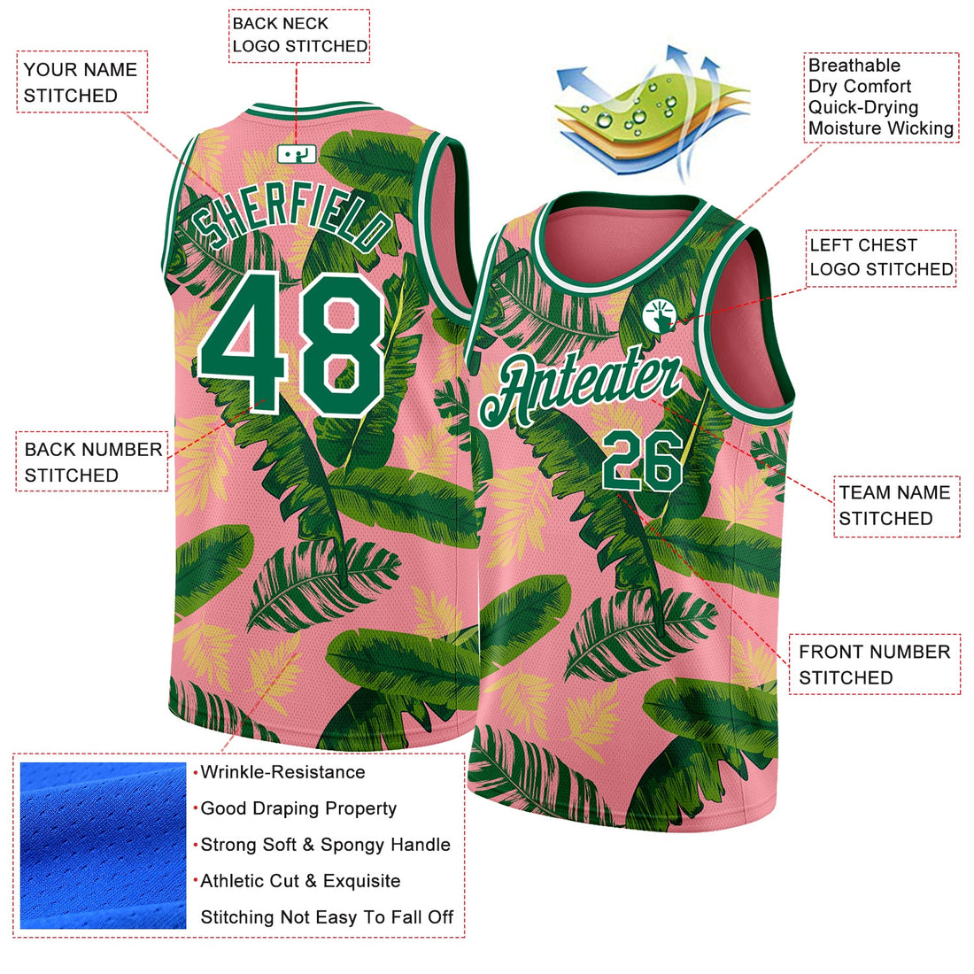 Custom Medium Pink Kelly Green-White 3D Pattern Tropical Hawaii Leaves Authentic Basketball Jersey