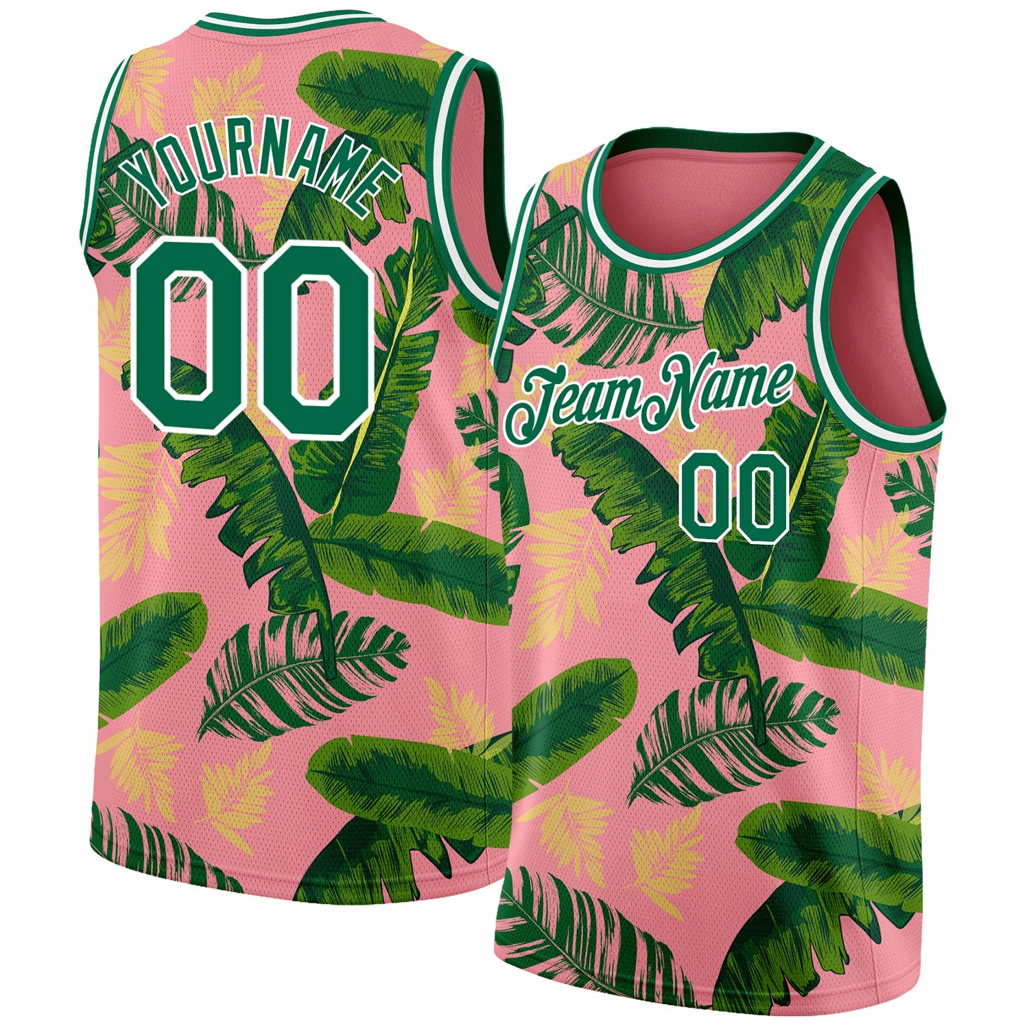 Custom Medium Pink Kelly Green-White 3D Pattern Tropical Hawaii Leaves Authentic Basketball Jersey