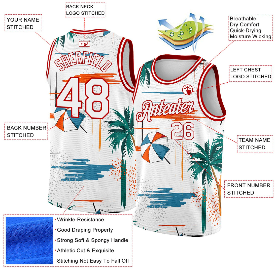 Custom White Red 3D Pattern Tropical Beach Hawaii Palm Trees Authentic Basketball Jersey