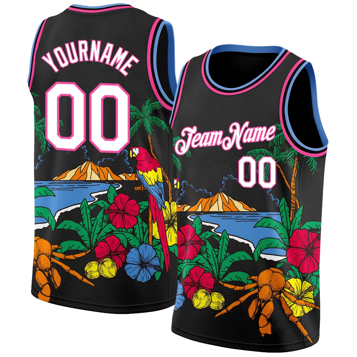 Custom Black White Pink-Light Blue 3D Pattern Tropical Beach Hawaii Palm Trees Authentic Basketball Jersey