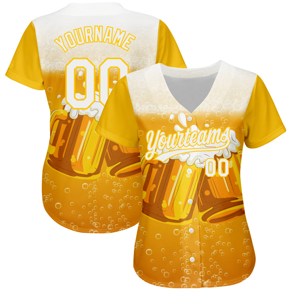 Custom Yellow White 3D Pattern Design International Beer Day Authentic Baseball Jersey