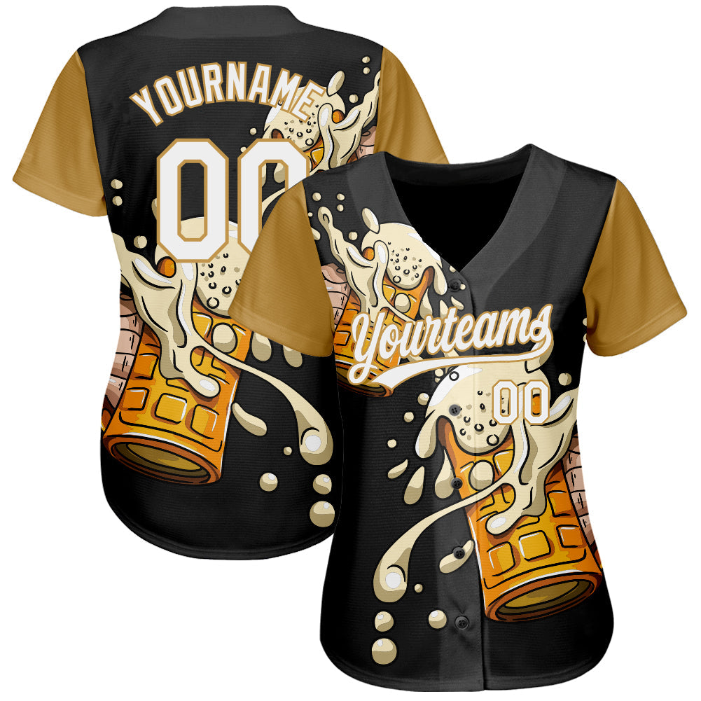 Custom Black White-Old Gold 3D Pattern Design Beer Festival Authentic Baseball Jersey