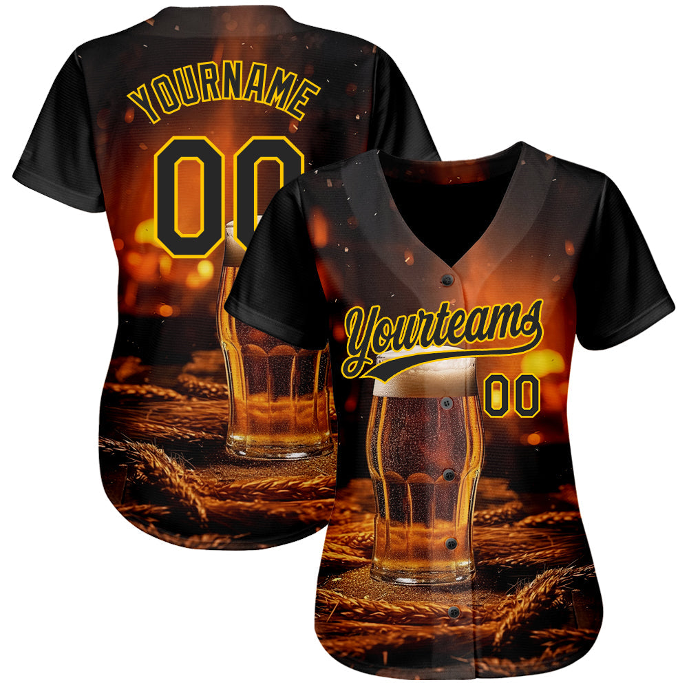 Custom Black Yellow 3D Pattern Design International Beer Day Authentic Baseball Jersey