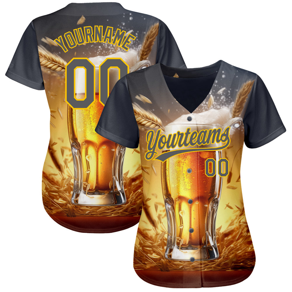 Custom Steel Gray Yellow 3D Pattern Design International Beer Day Authentic Baseball Jersey