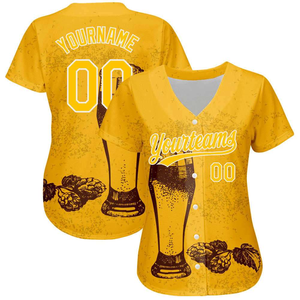 Custom Yellow White 3D Pattern Design Beer Festival Authentic Baseball Jersey