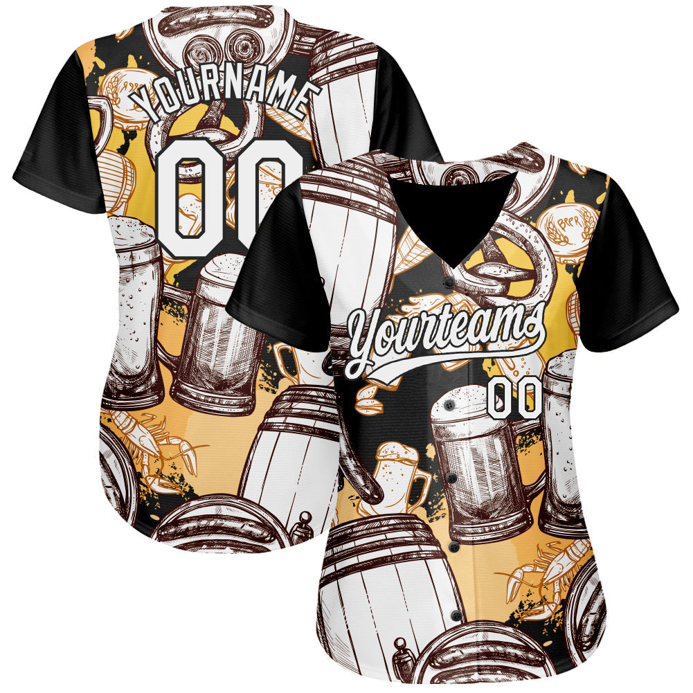 Custom White Black 3D Pattern Design Beer Festival Authentic Baseball Jersey