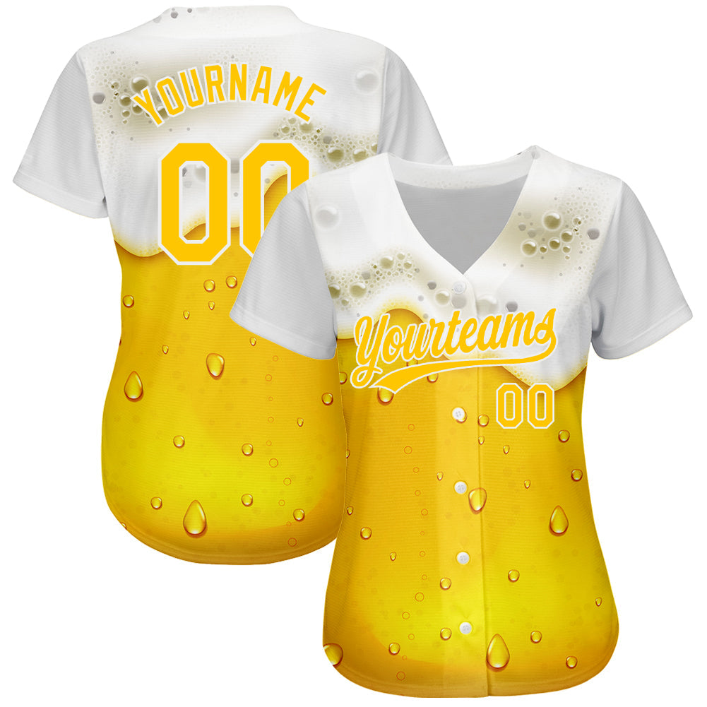 Custom Yellow White 3D Pattern Design Beer Authentic Baseball Jersey