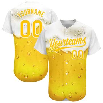 Custom Yellow White 3D Pattern Design Beer Authentic Baseball Jersey