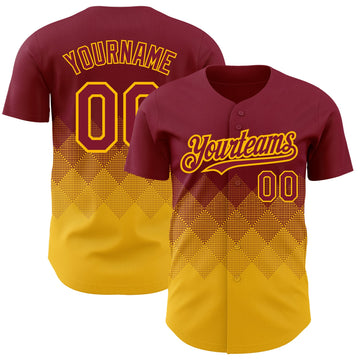 Custom Crimson Gold 3D Pattern Design Gradient Square Shapes Authentic Baseball Jersey