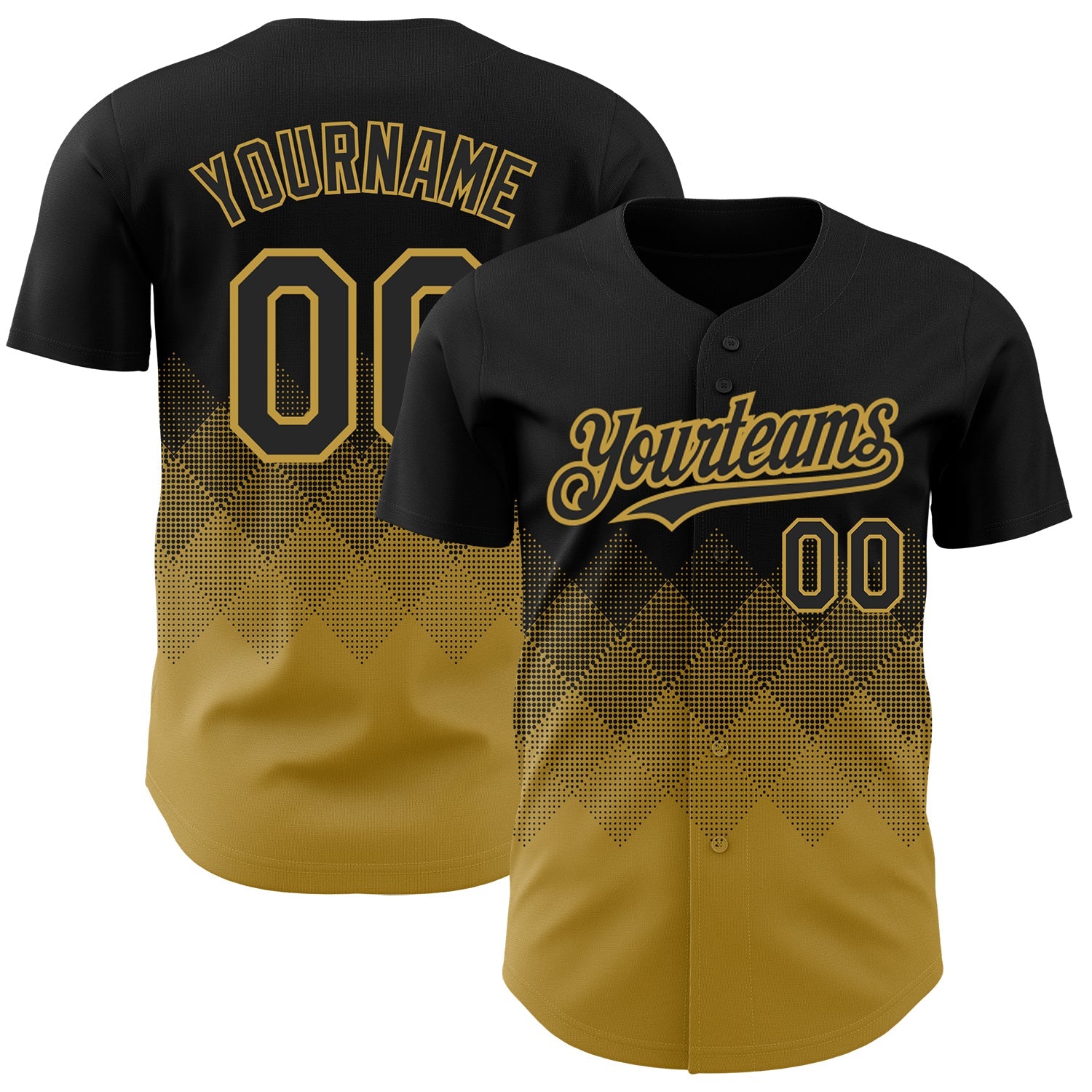 Custom Black Old Gold 3D Pattern Design Gradient Square Shapes Authentic Baseball Jersey