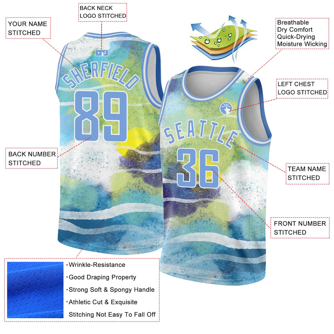 Custom White Light Blue 3D Pattern Design Abstract Landscape Watercolor Style Authentic Basketball Jersey