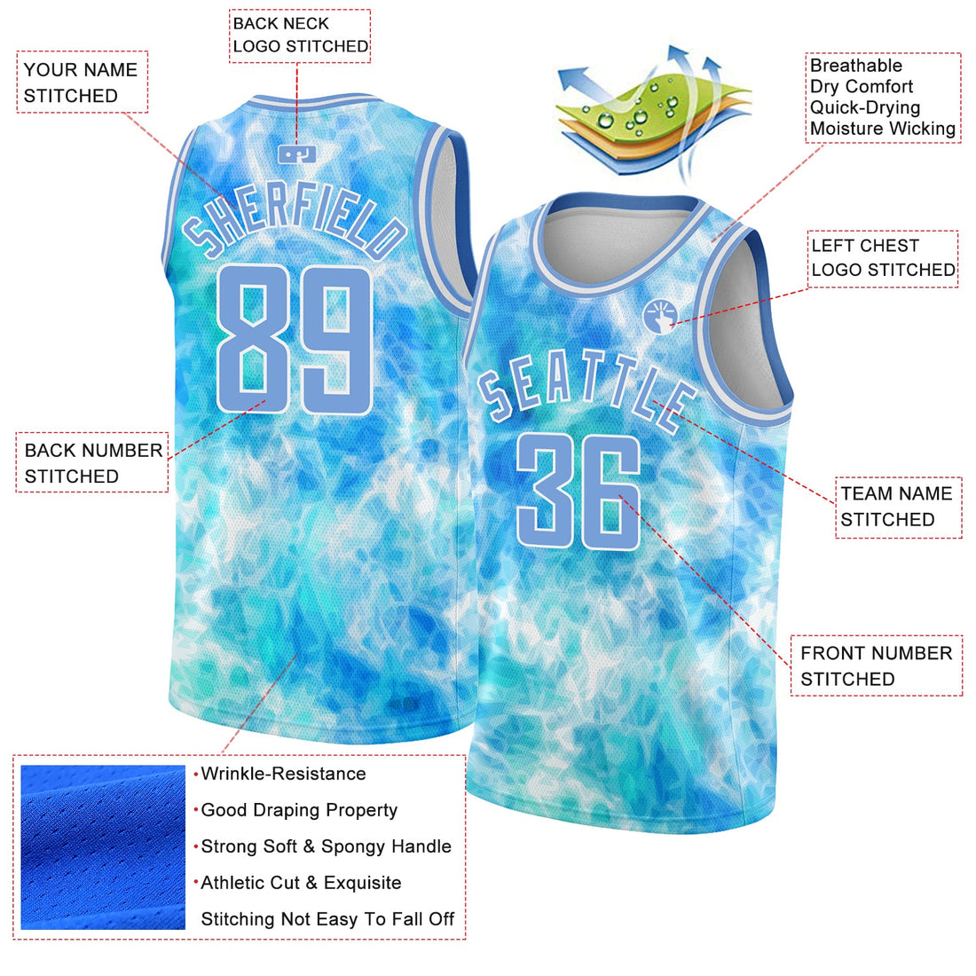 Custom Tie Dye Light Blue-White 3D Authentic Basketball Jersey