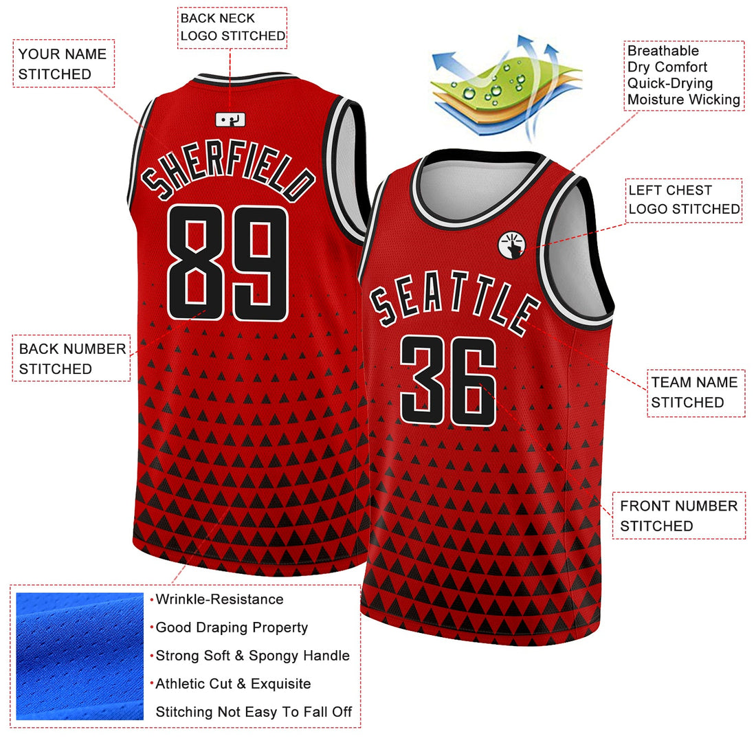 Custom Red Black-White Triangle Shapes Authentic City Edition Basketball Jersey