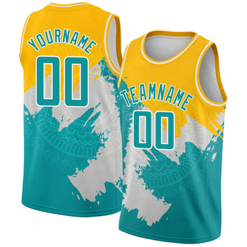 Custom Gold Aqua-White 3D Pattern Design Religion Authentic Basketball Jersey