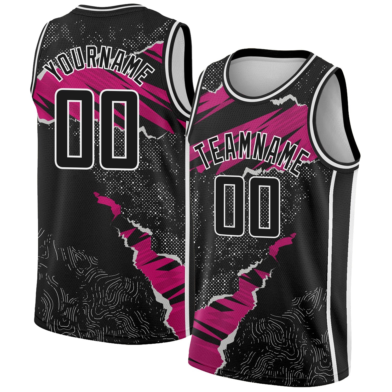 Custom Black Deep Pink-White 3D Pattern Design Torn Paper Style Authentic Basketball Jersey