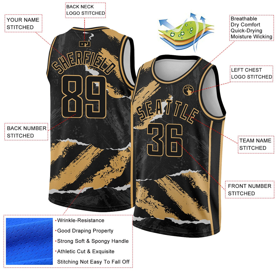 Custom Black Old Gold 3D Pattern Design Torn Paper Style Authentic Basketball Jersey