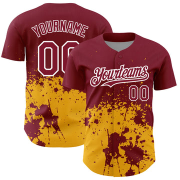 Custom Crimson Gold-White 3D Pattern Design Abstract Splash Grunge Art Authentic Baseball Jersey