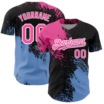 Custom Black Pink-Light Blue 3D Pattern Design Abstract Brush Stroke Authentic Baseball Jersey