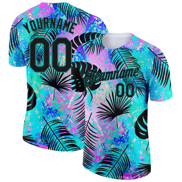 Custom Teal Black 3D Pattern Design Hawaii Palm Leaves Performance T-Shirt