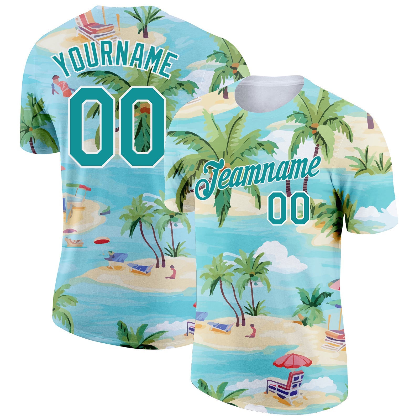 Custom Lakes Blue Teal-White 3D Pattern Design Beach Hawaii Palm Trees Performance T-Shirt