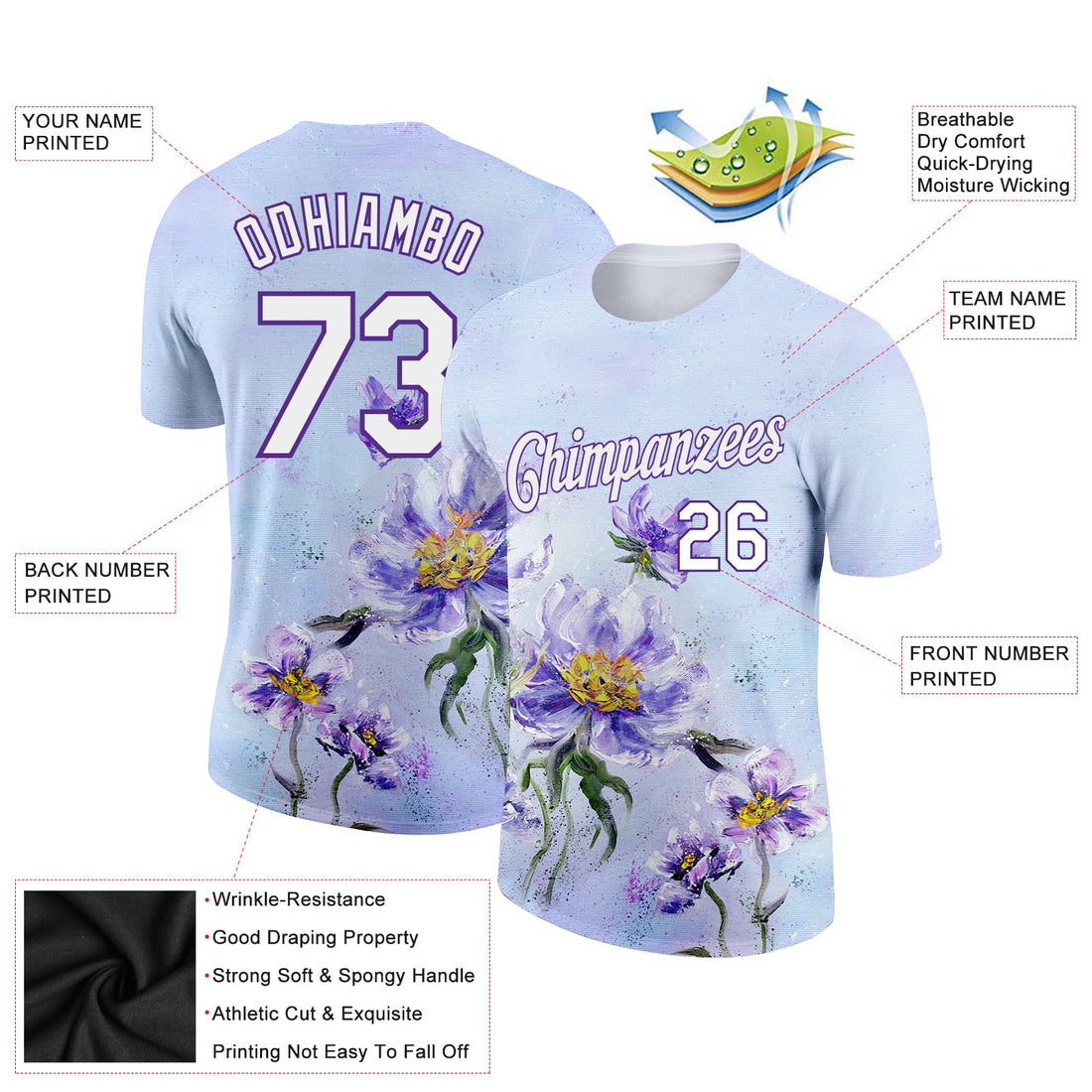 Custom Purple White 3D Pattern Design Flowers Performance T-Shirt