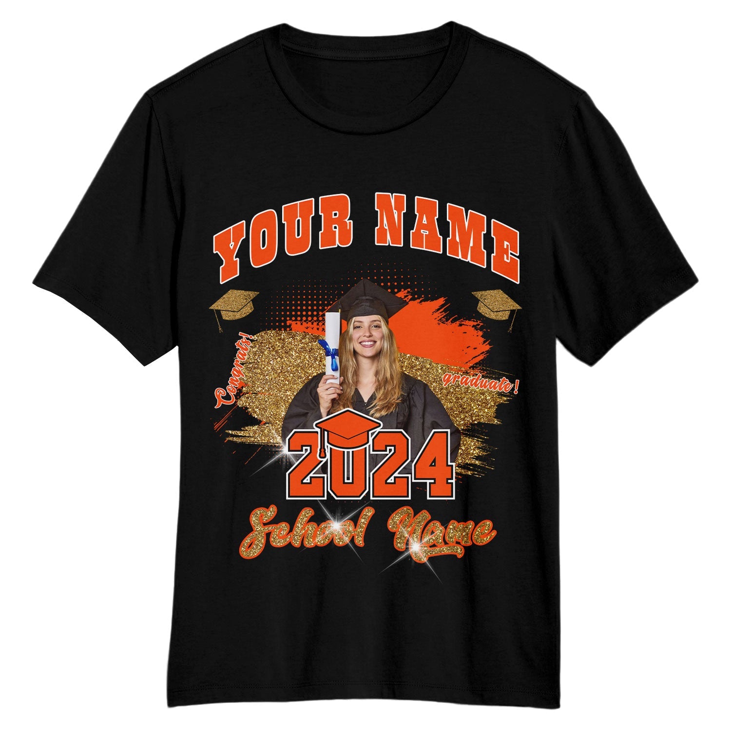 Custom Black Orange-White 3D Graduation Performance T-Shirt