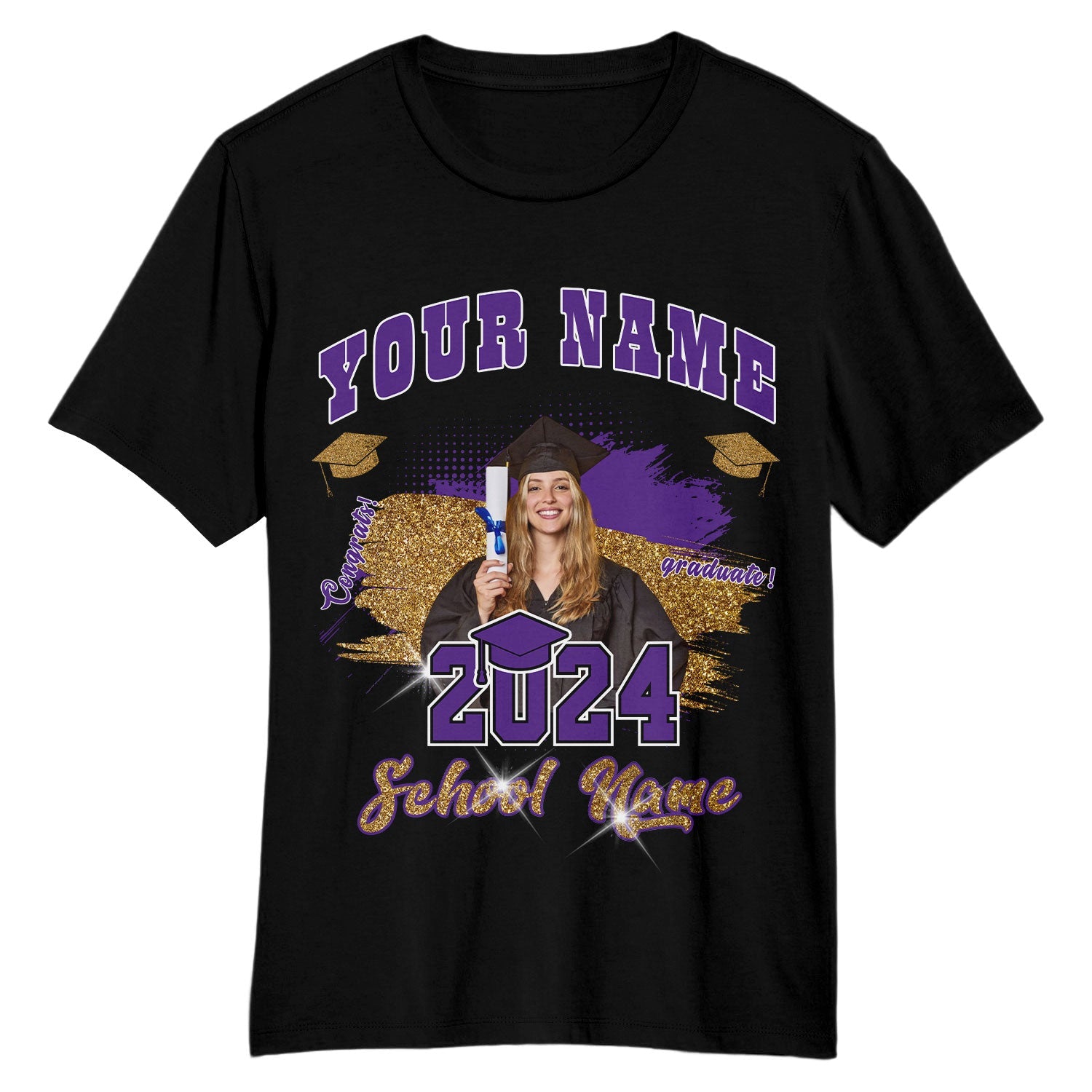 Custom Black Purple-White 3D Graduation Performance T-Shirt