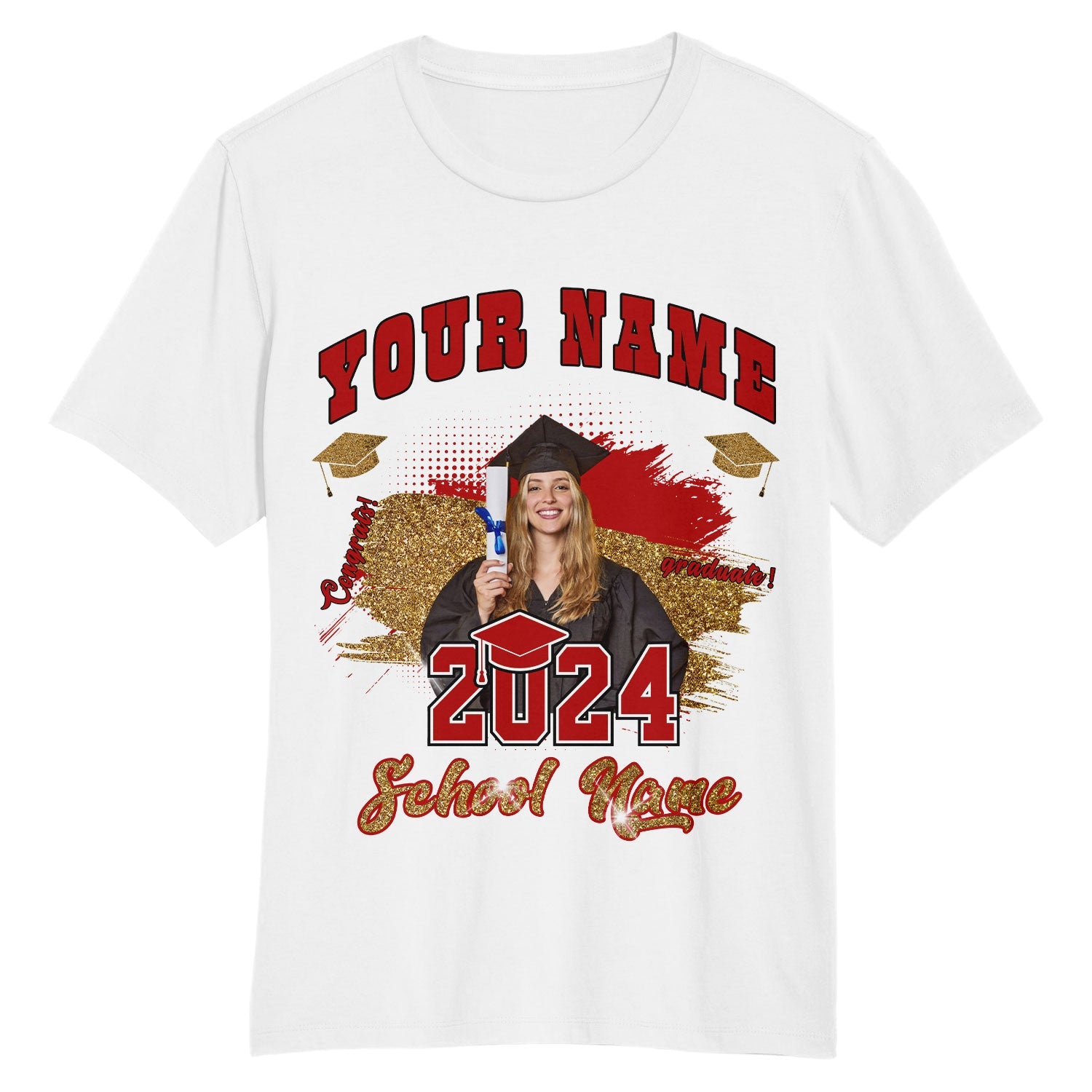 Custom White Red-Black 3D Graduation Performance T-Shirt