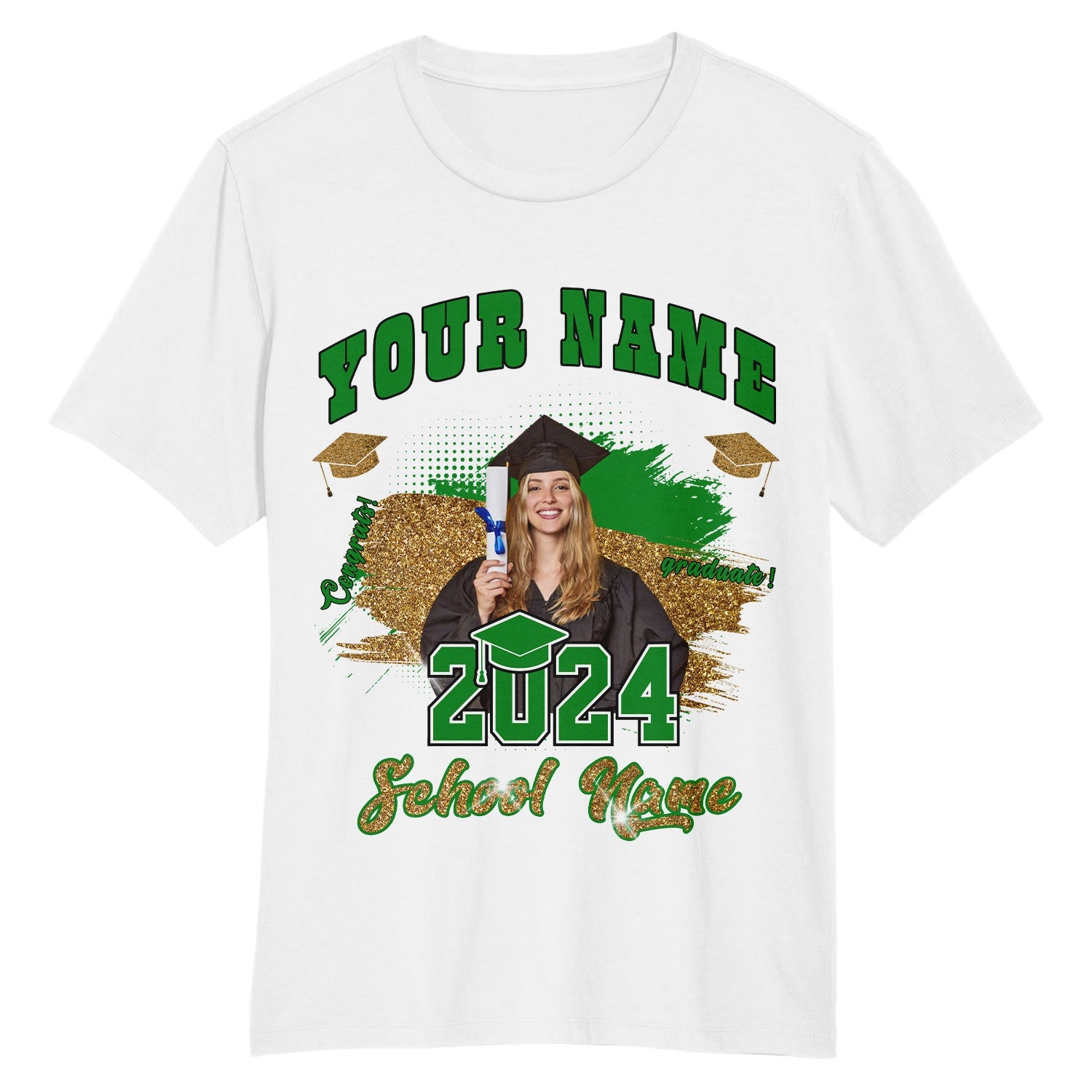 Custom White Grass Green-Black 3D Graduation Performance T-Shirt