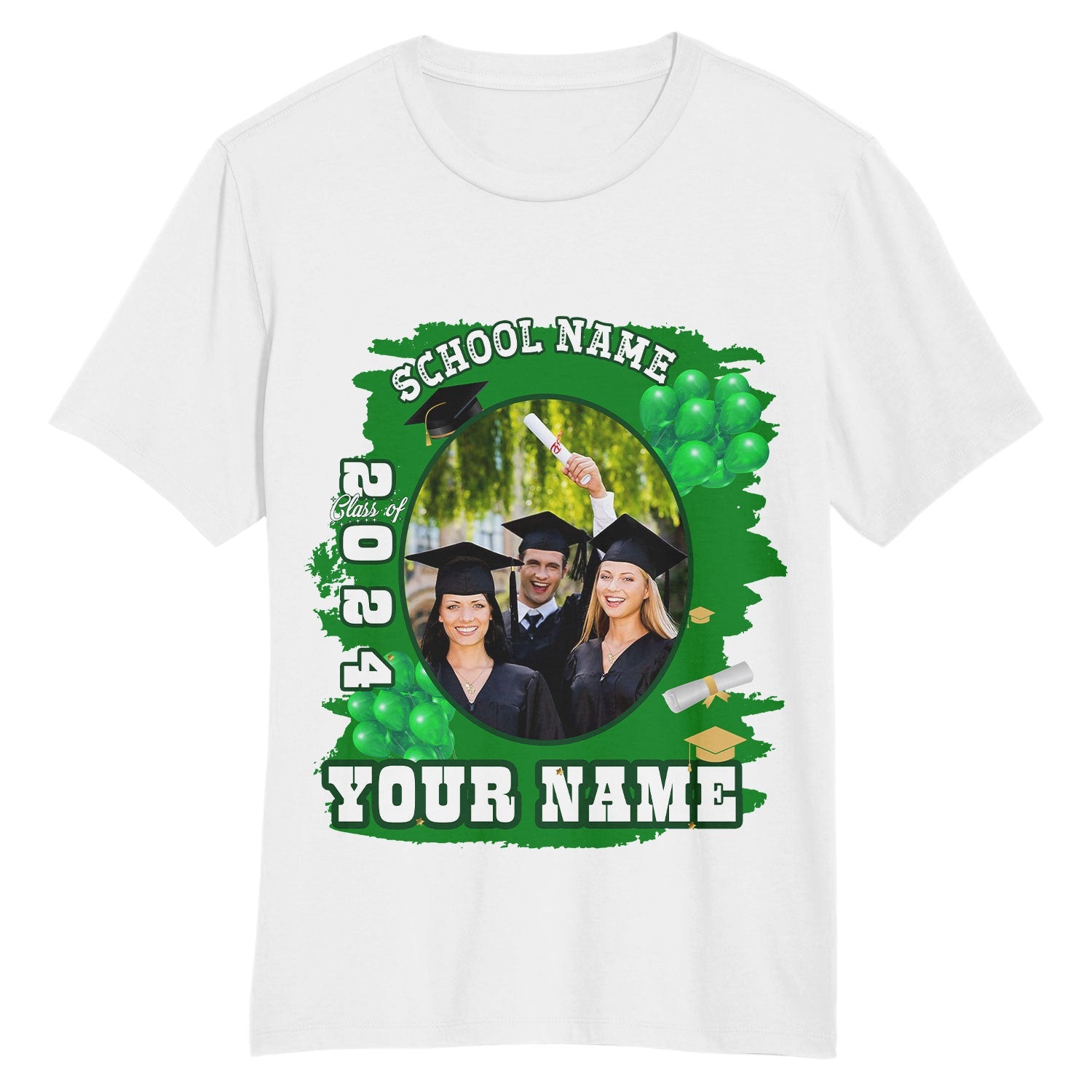 Custom White Green 3D Graduation Performance T-Shirt