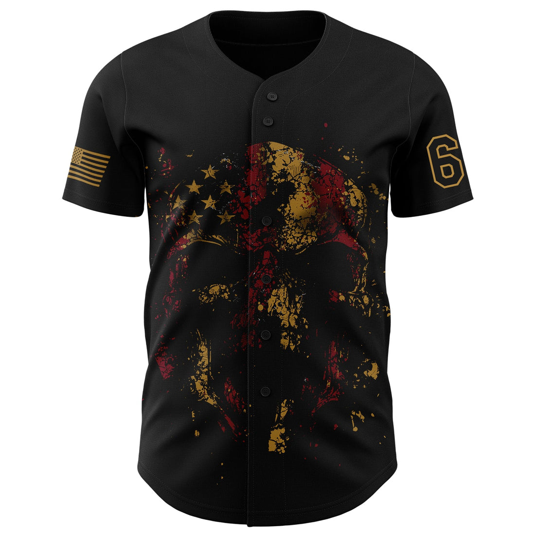 Custom Black Old Gold 3D American Flag Skull Patriotic Authentic Baseball Jersey