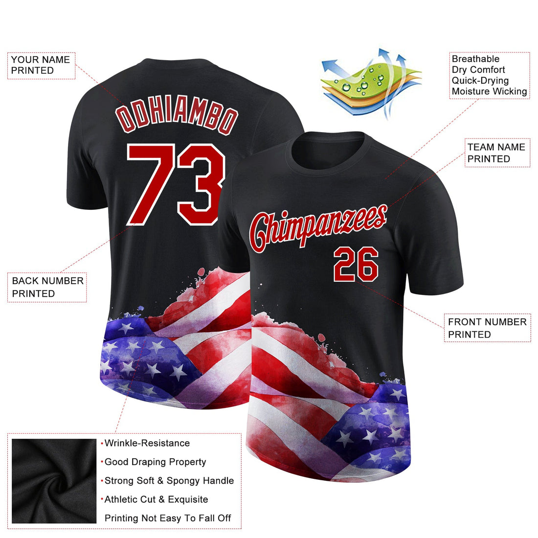 Custom Black Red-White 3D American Flag Patriotic Performance T-Shirt