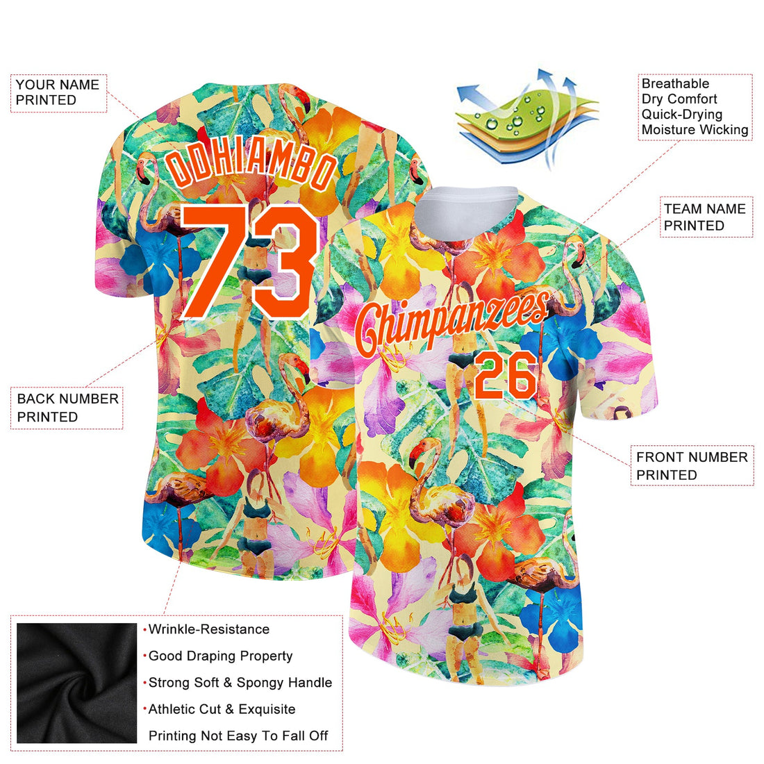 Custom White Orange 3D Pattern Design Tropical Hawaii Plant Performance T-Shirt