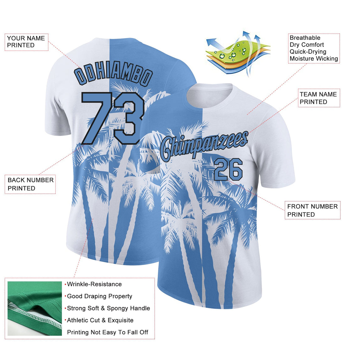 Custom White Light Blue-Black 3D Pattern Design Hawaii Coconut Trees Performance T-Shirt