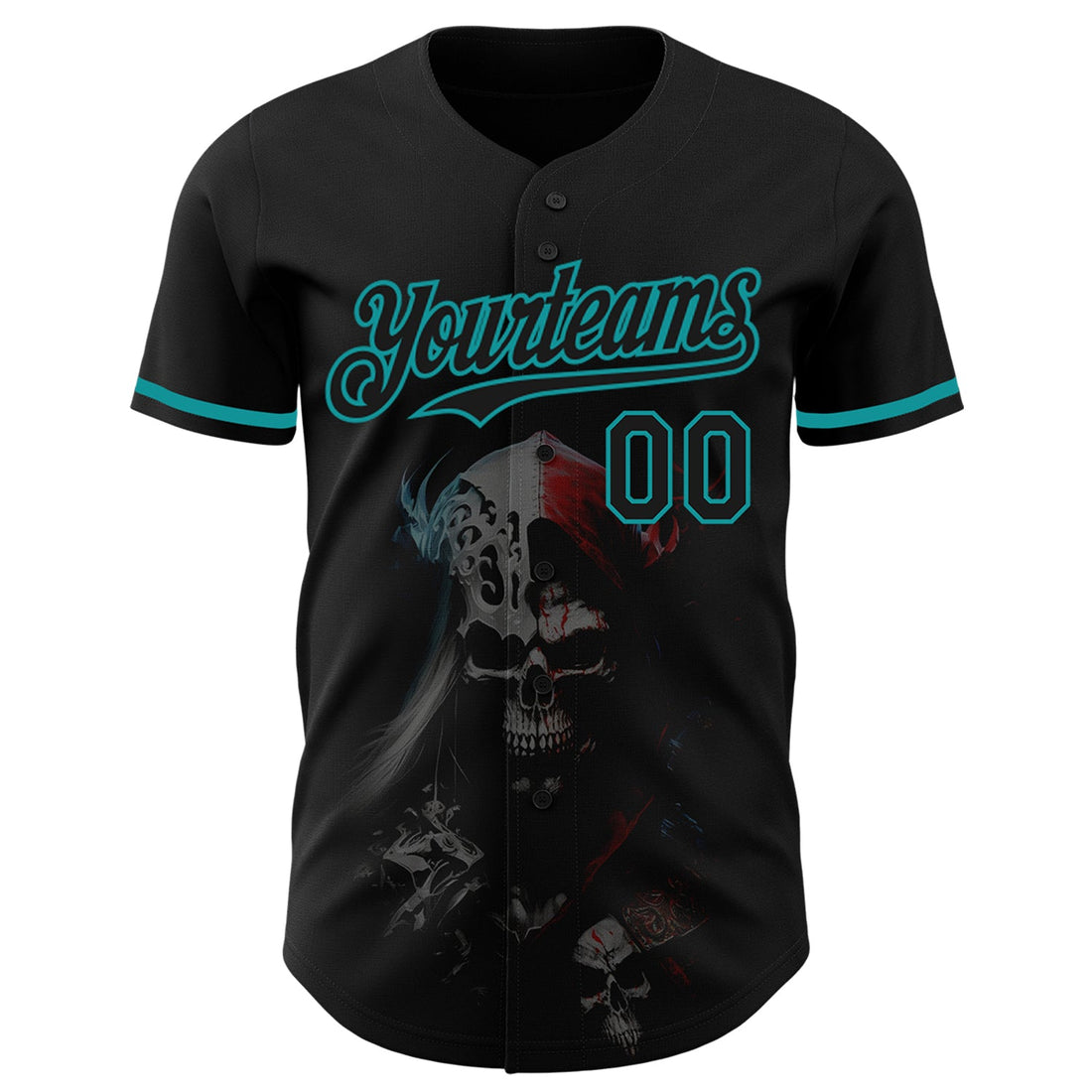 Custom Black Teal 3D Skull Fashion Authentic Baseball Jersey