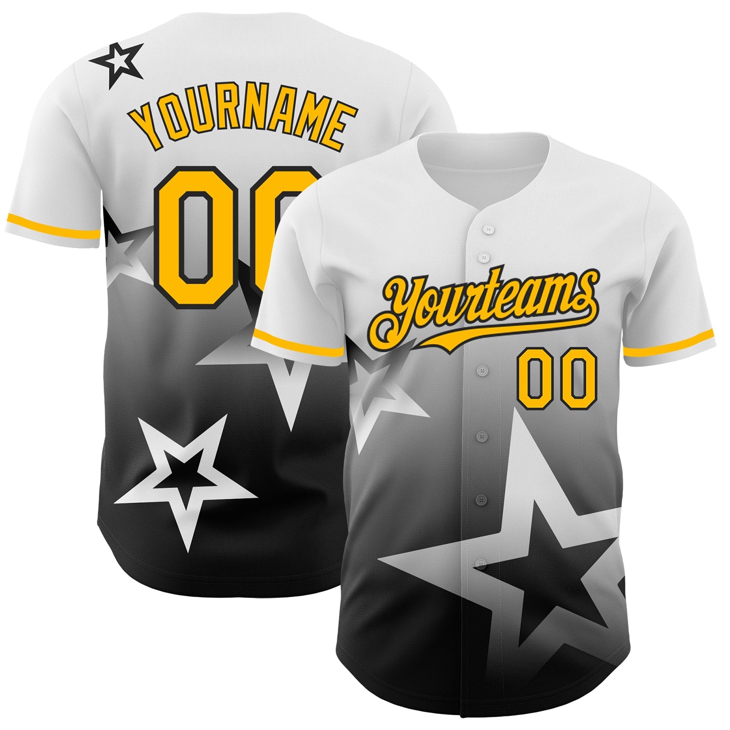 Custom White Gold-Black 3D Pattern Design Gradient Style Twinkle Star Authentic Baseball Jersey