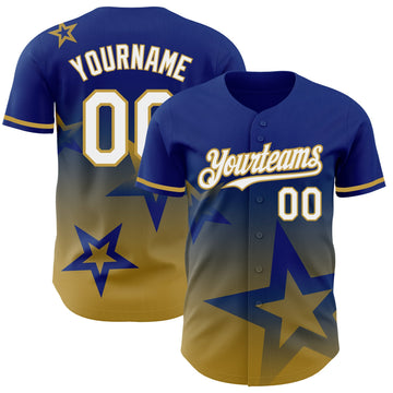 Custom Royal White-Old Gold 3D Pattern Design Gradient Style Twinkle Star Authentic Baseball Jersey