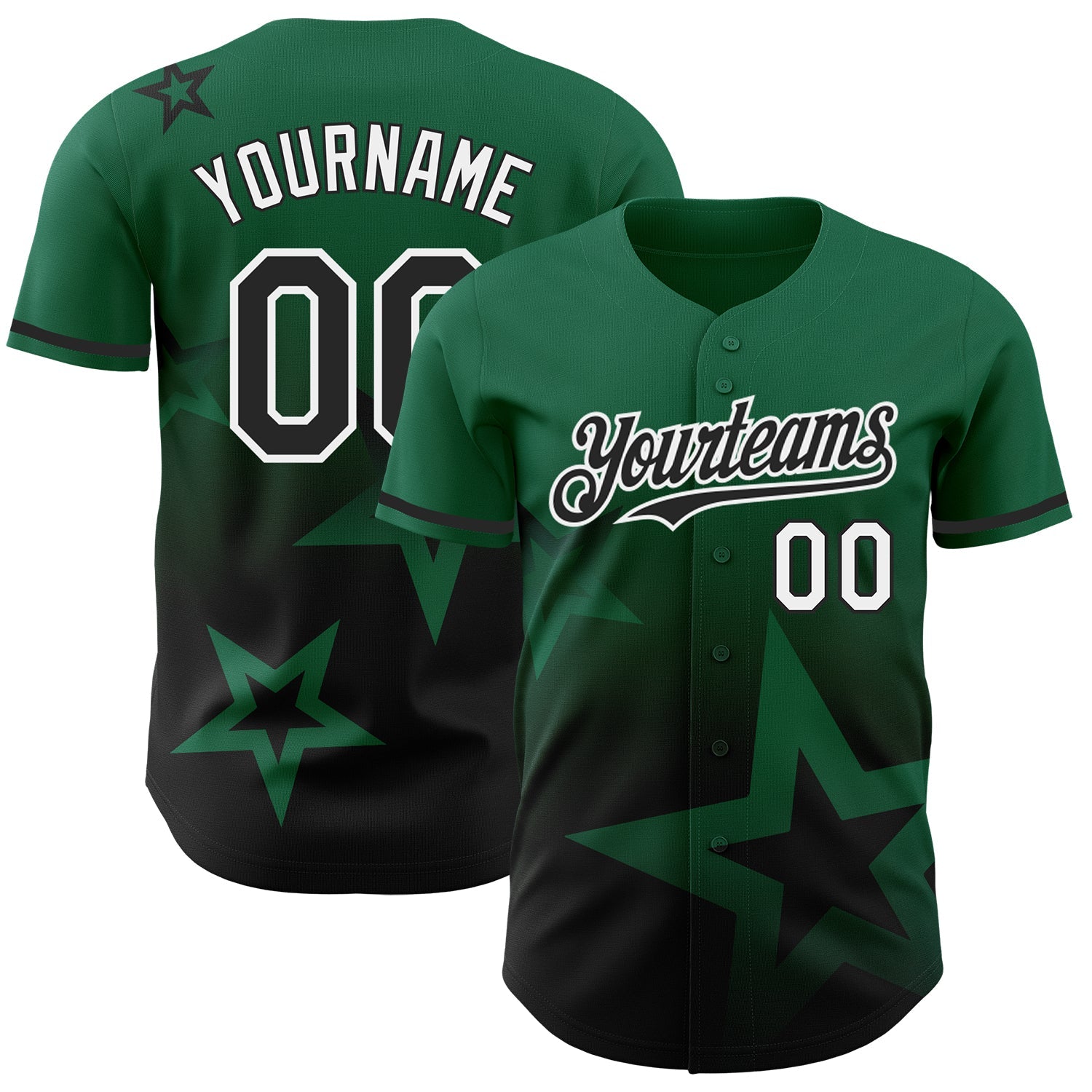 Custom Kelly Green Black-White 3D Pattern Design Gradient Style Twinkle Star Authentic Baseball Jersey