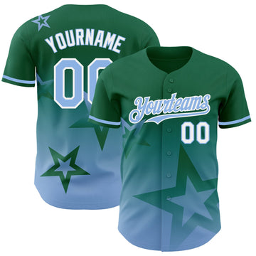 Custom Kelly Green Light Blue-White 3D Pattern Design Gradient Style Twinkle Star Authentic Baseball Jersey